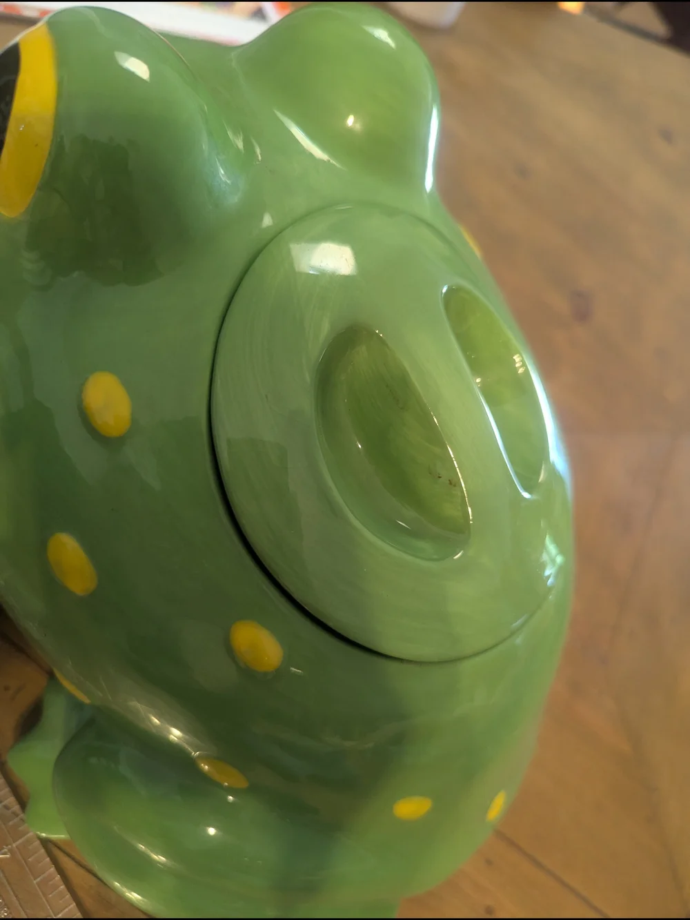 Playful Green Frog Ceramic Planter Or Cookie Jar with Yellow Accents